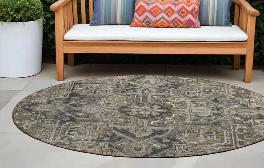 8' Round Taupe and Dark Taupe Round Oriental Washable Non Skid Indoor Outdoor Area Rug Photo 1