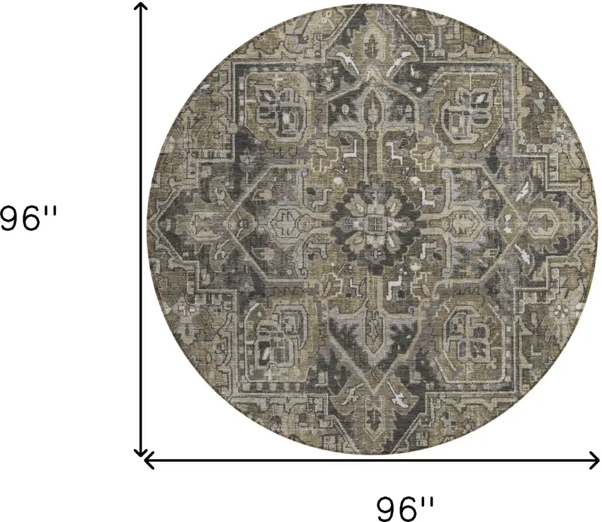 8' Round Taupe and Dark Taupe Round Oriental Washable Non Skid Indoor Outdoor Area Rug Photo 3
