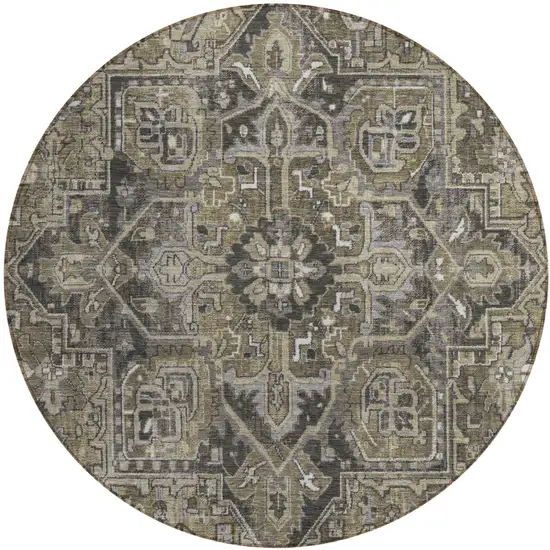 Taupe and Dark Taupe Round Oriental Washable Non Skid Indoor Outdoor Area Rug Photo 2