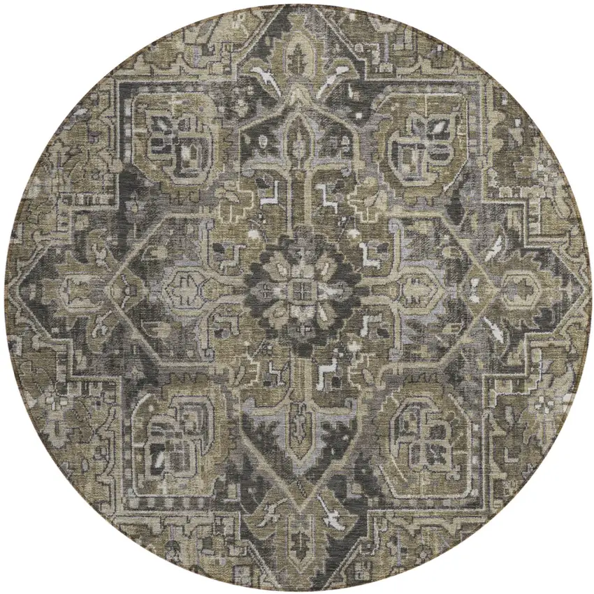 Taupe and Dark Taupe Round Oriental Washable Non Skid Indoor Outdoor Area Rug Photo 2
