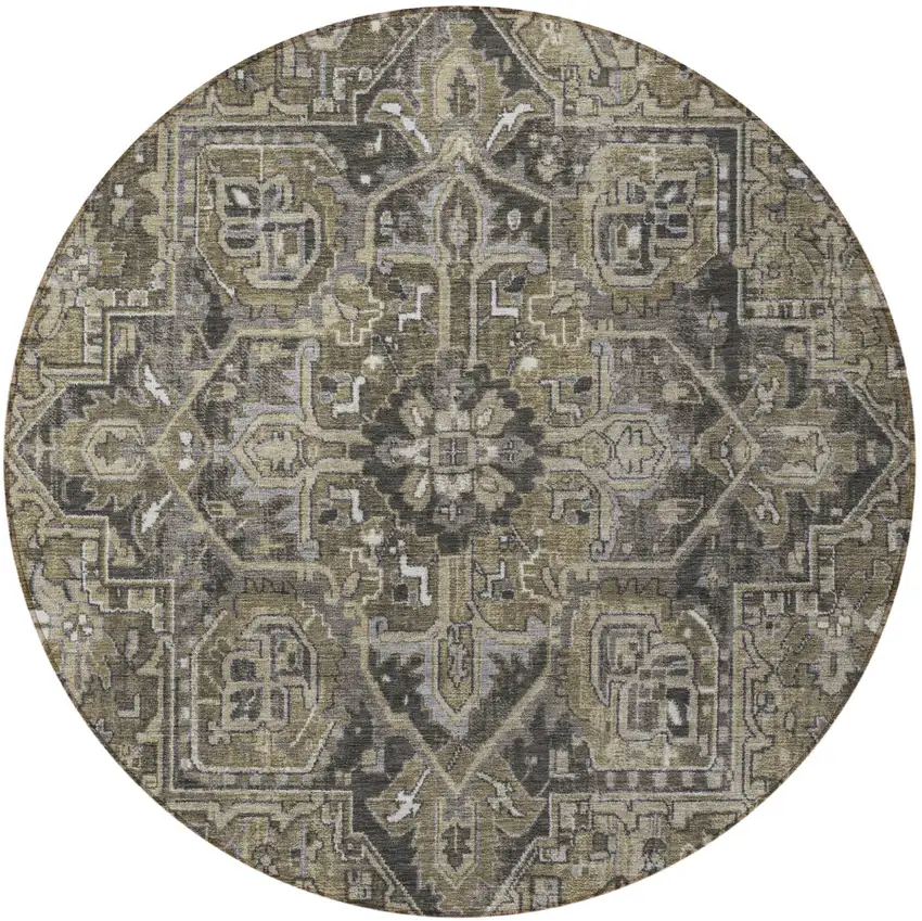 8' Round Taupe and Dark Taupe Round Oriental Washable Non Skid Indoor Outdoor Area Rug Photo 4