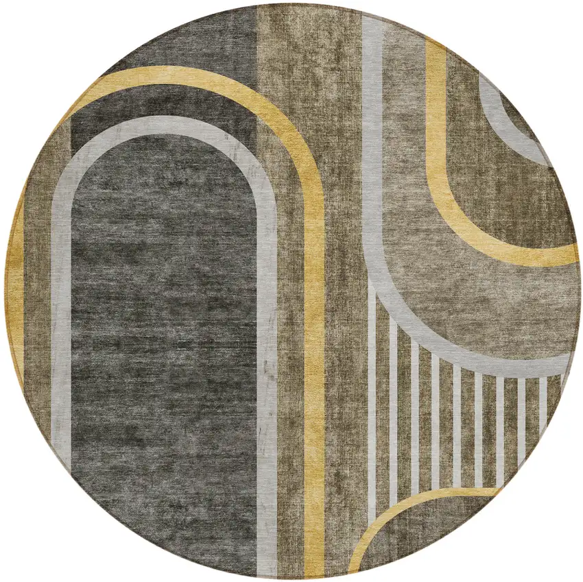 Gray Green and Gold Round Abstract Washable Non Skid Indoor Outdoor Area Rug Photo 2