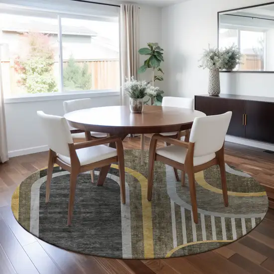 Gray Green and Gold Round Abstract Washable Non Skid Indoor Outdoor Area Rug Photo 7