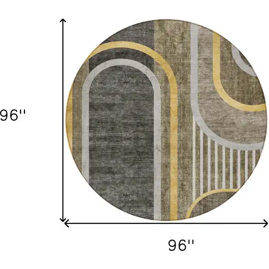 Gray Green and Gold Round Abstract Washable Non Skid Indoor Outdoor Area Rug Photo 3