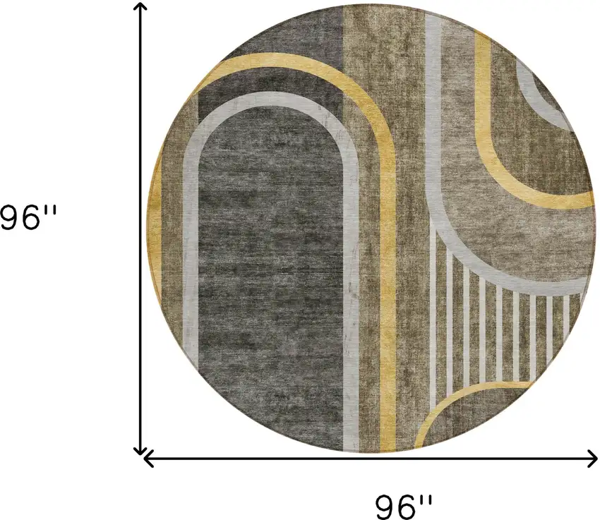 Gray Green and Gold Round Abstract Washable Non Skid Indoor Outdoor Area Rug Photo 3