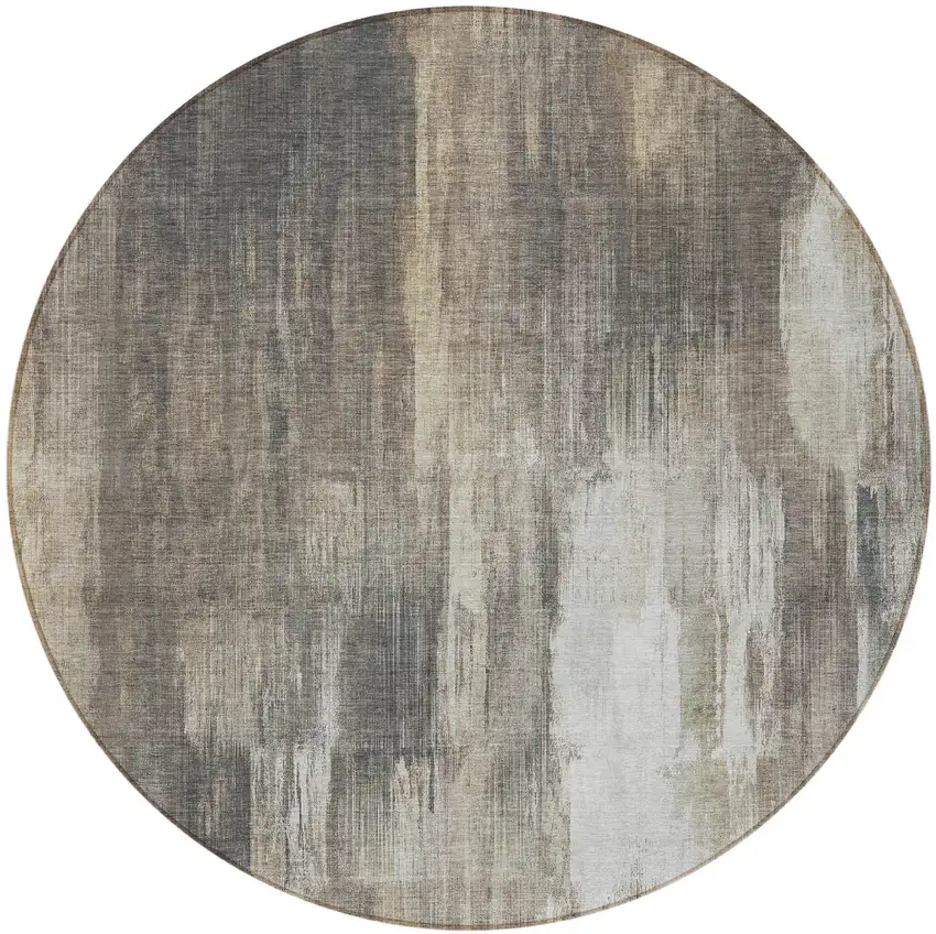 Taupe and Gray Round Abstract Washable Non Skid Indoor Outdoor Area Rug Photo 4
