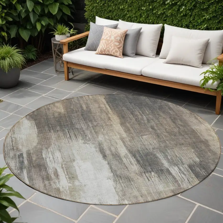 Taupe and Gray Round Abstract Washable Non Skid Indoor Outdoor Area Rug Photo 1