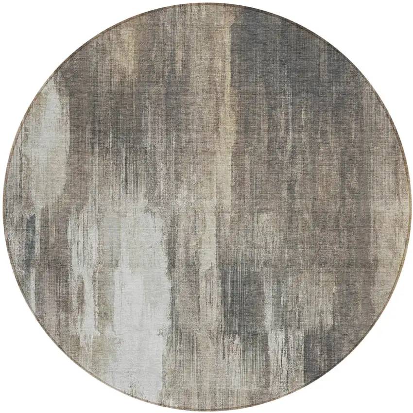 8' Round Taupe and Gray Round Abstract Washable Non Skid Indoor Outdoor Area Rug Photo 2
