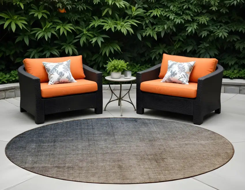 8' Round Taupe and Gray Round Ombre Washable Non Skid Indoor Outdoor Area Rug Photo 1