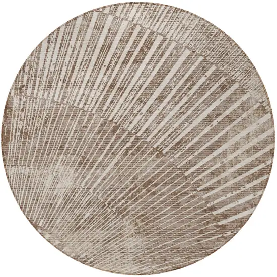 Taupe and Ivory Round Abstract Washable Non Skid Indoor Outdoor Area Rug Photo 4