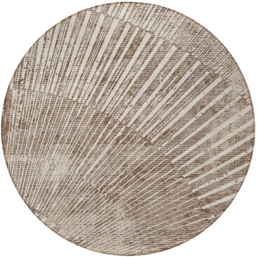 Taupe and Ivory Round Abstract Washable Non Skid Indoor Outdoor Area Rug Photo 4