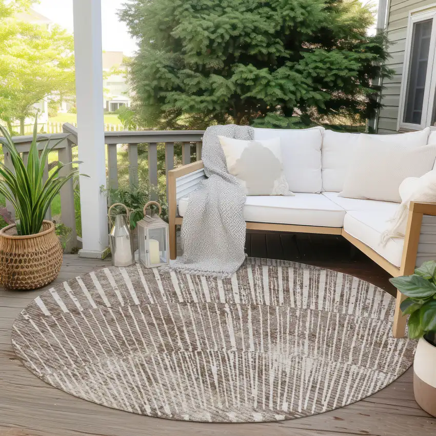 Taupe and Ivory Round Abstract Washable Non Skid Indoor Outdoor Area Rug Photo 9