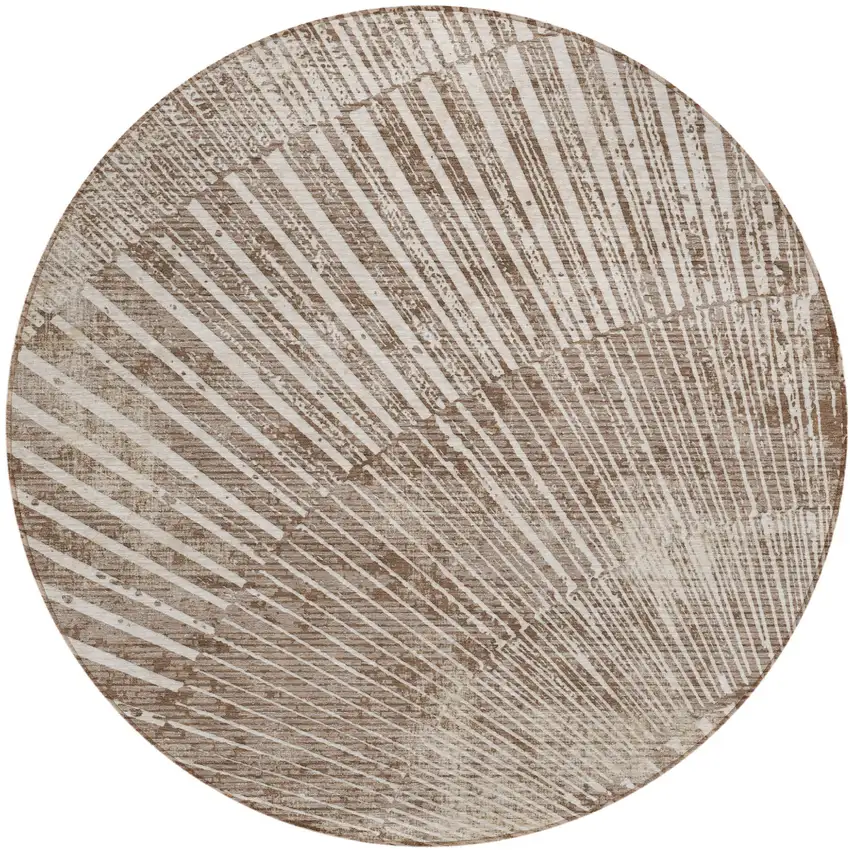 Taupe and Ivory Round Abstract Washable Non Skid Indoor Outdoor Area Rug Photo 2