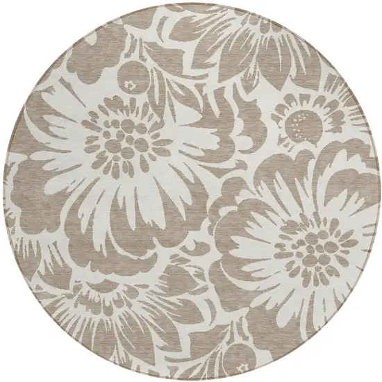 Taupe and Ivory Round Floral Washable Non Skid Indoor Outdoor Area Rug Photo 2