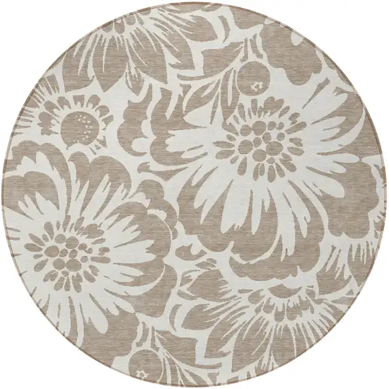 8' Round Taupe and Ivory Round Floral Washable Non Skid Indoor Outdoor Area Rug Photo 3