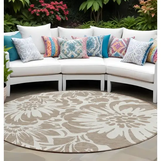 Taupe and Ivory Round Floral Washable Non Skid Indoor Outdoor Area Rug Photo 1