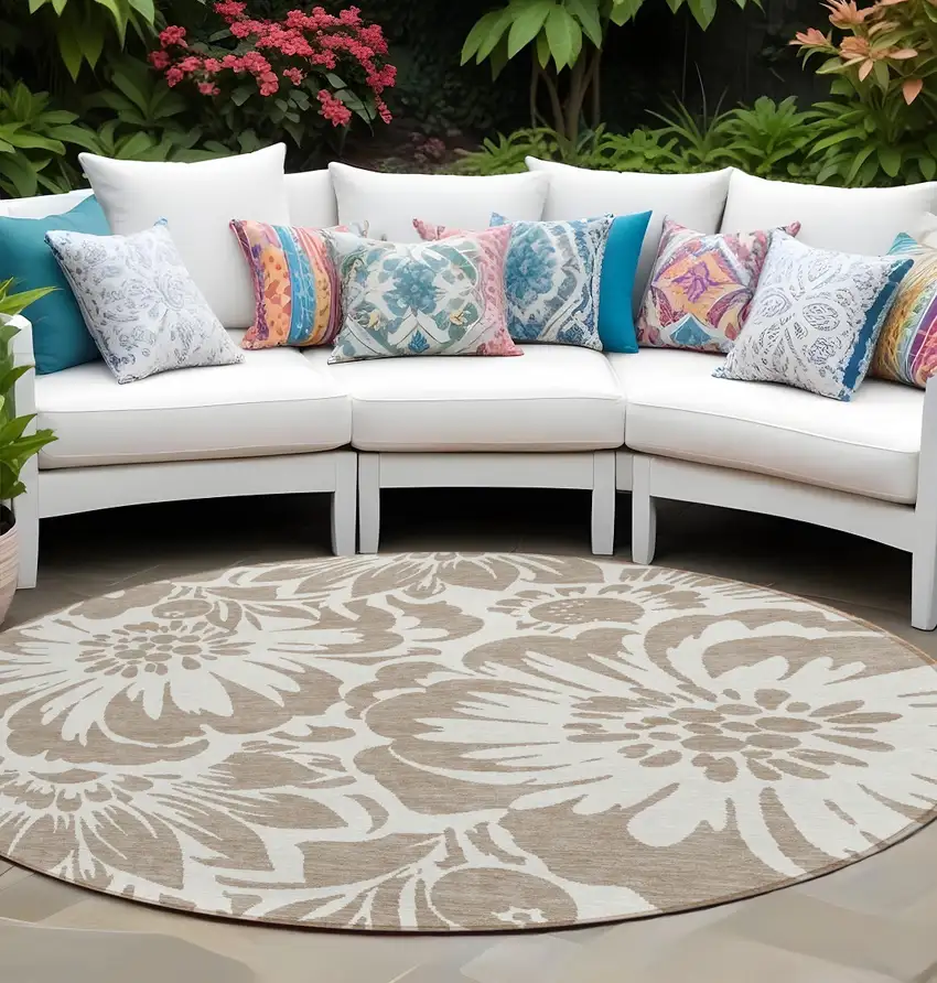 Taupe and Ivory Round Floral Washable Non Skid Indoor Outdoor Area Rug Photo 1