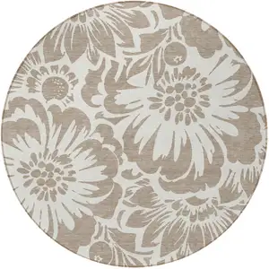 Photo of 8' Round Taupe and Ivory Round Floral Washable Non Skid Indoor Outdoor Area Rug