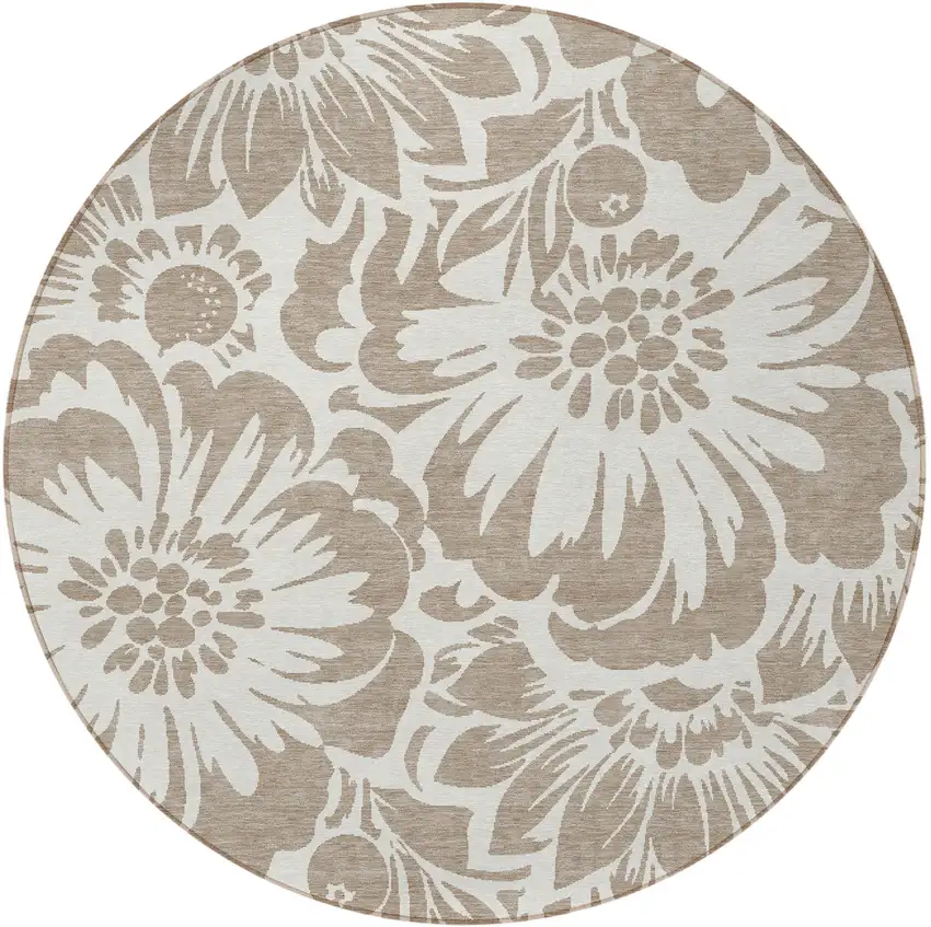8' Round Taupe and Ivory Round Floral Washable Non Skid Indoor Outdoor Area Rug Photo 2