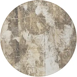 Photo of 8' Round Taupe and Ivory Round Floral Washable Non Skid Indoor Outdoor Area Rug