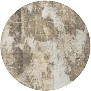 Photo of 8' Round Taupe and Ivory Round Floral Washable Non Skid Indoor Outdoor Area Rug