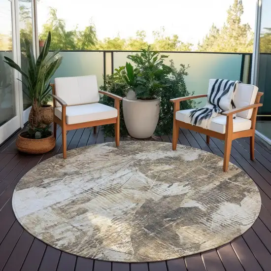 Taupe and Ivory Round Floral Washable Non Skid Indoor Outdoor Area Rug Photo 8