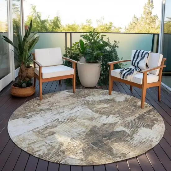 Taupe and Ivory Round Floral Washable Non Skid Indoor Outdoor Area Rug Photo 8