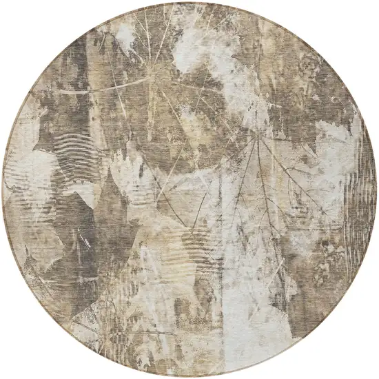 Taupe and Ivory Round Floral Washable Non Skid Indoor Outdoor Area Rug Photo 4