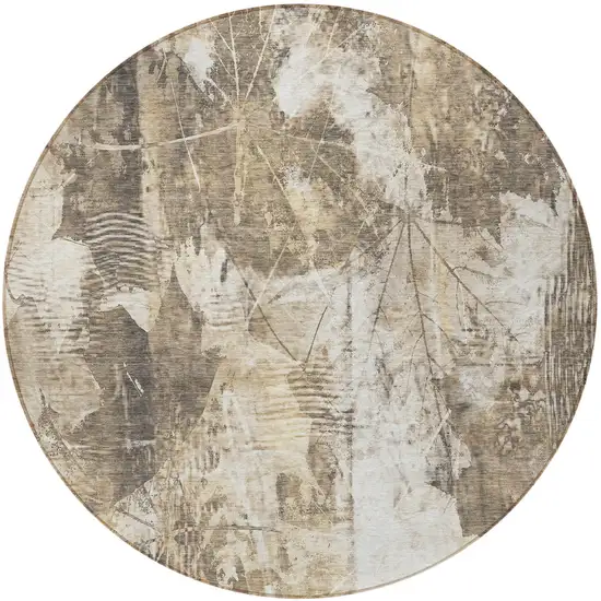Taupe and Ivory Round Floral Washable Non Skid Indoor Outdoor Area Rug Photo 4