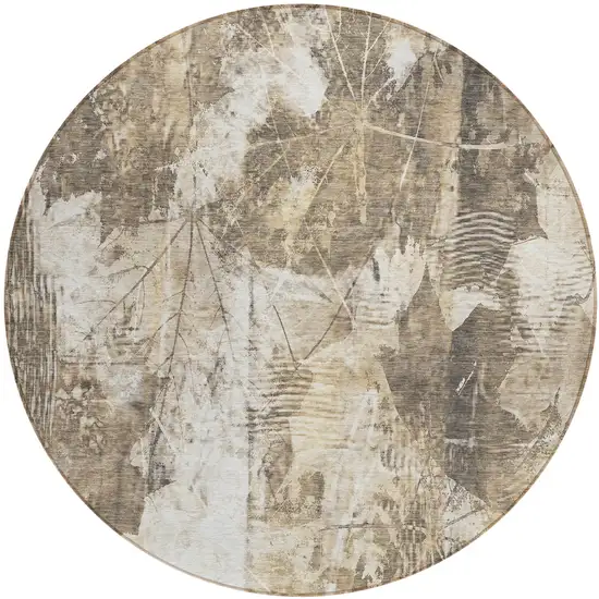 Taupe and Ivory Round Floral Washable Non Skid Indoor Outdoor Area Rug Photo 2