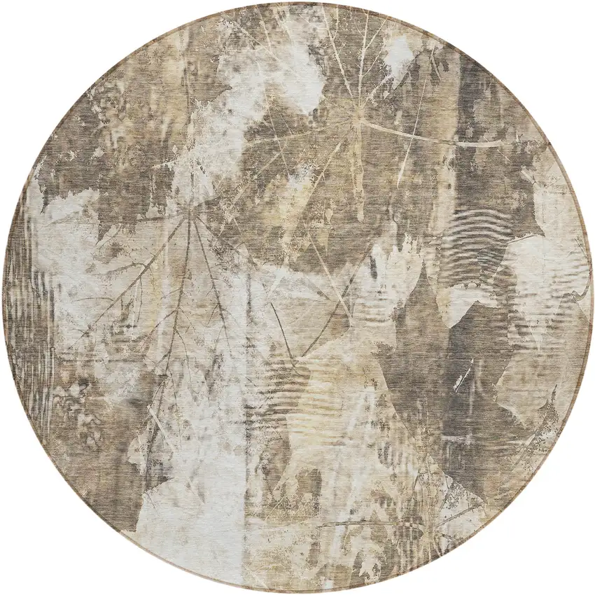 Taupe and Ivory Round Floral Washable Non Skid Indoor Outdoor Area Rug Photo 2
