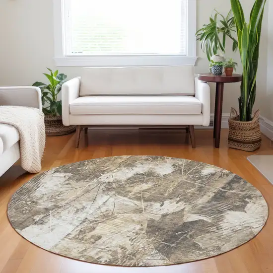 Taupe and Ivory Round Floral Washable Non Skid Indoor Outdoor Area Rug Photo 9