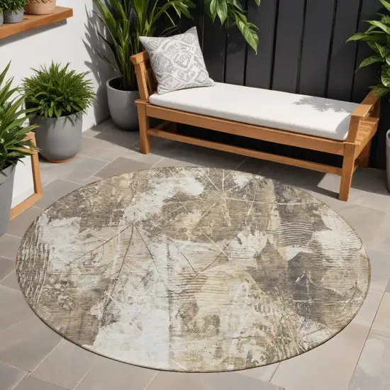Taupe and Ivory Round Floral Washable Non Skid Indoor Outdoor Area Rug Photo 1