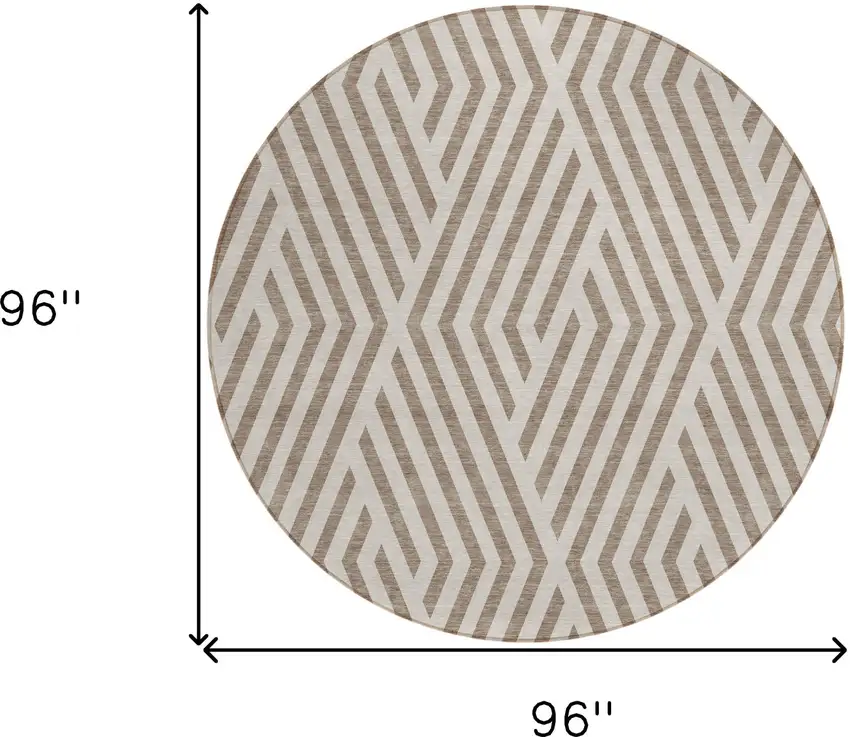 Taupe and Ivory Round Geometric Washable Non Skid Indoor Outdoor Area Rug Photo 3