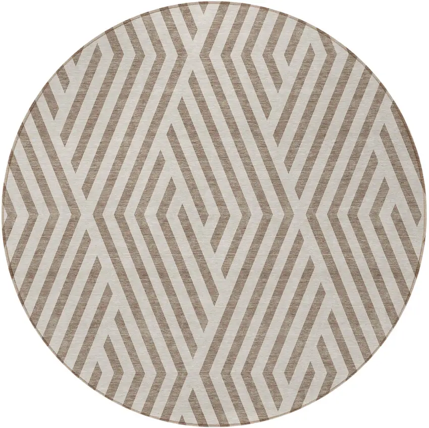 8' Round Taupe and Ivory Round Geometric Washable Non Skid Indoor Outdoor Area Rug Photo 5
