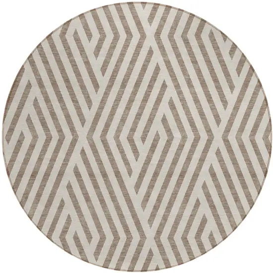 8' Round Taupe and Ivory Round Geometric Washable Non Skid Indoor Outdoor Area Rug Photo 2