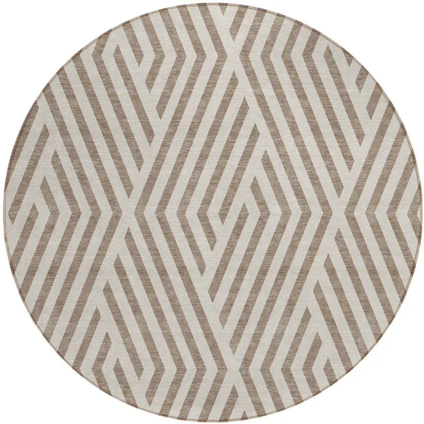 8' Round Taupe and Ivory Round Geometric Washable Non Skid Indoor Outdoor Area Rug Photo 2