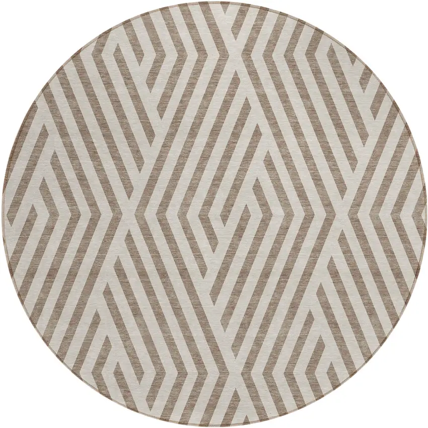 8' Round Taupe and Ivory Round Geometric Washable Non Skid Indoor Outdoor Area Rug Photo 2