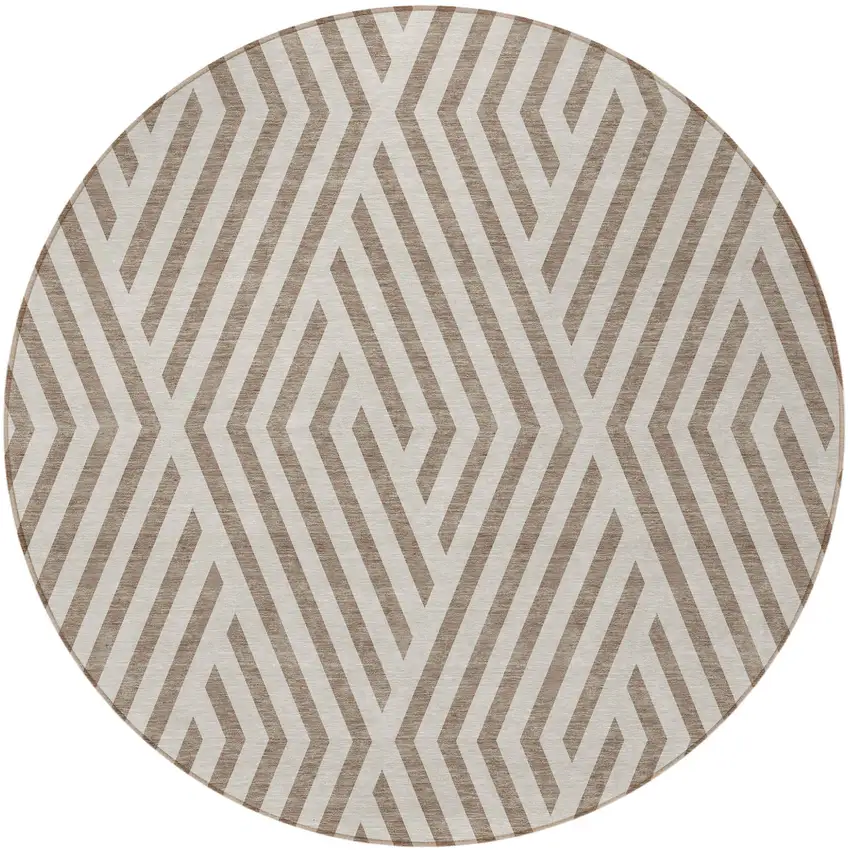 Taupe and Ivory Round Geometric Washable Non Skid Indoor Outdoor Area Rug Photo 4