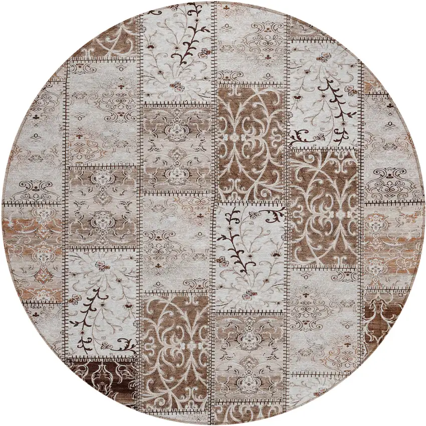 Taupe and Ivory Round Patchwork Washable Non Skid Indoor Outdoor Area Rug Photo 2