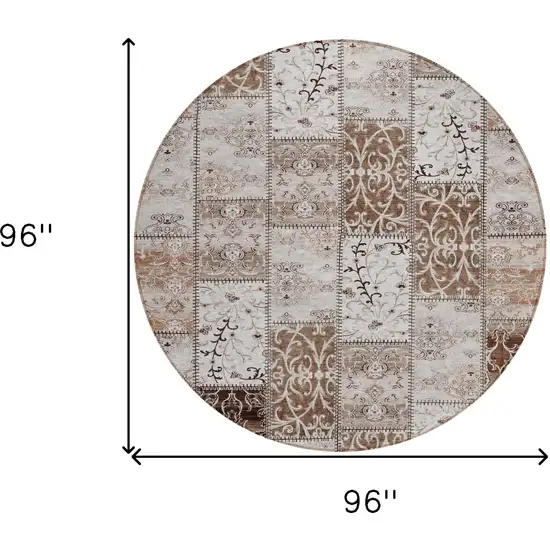8' Round Taupe and Ivory Round Patchwork Washable Non Skid Indoor Outdoor Area Rug Photo 3