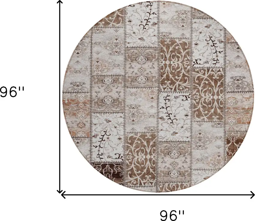 8' Round Taupe and Ivory Round Patchwork Washable Non Skid Indoor Outdoor Area Rug Photo 3
