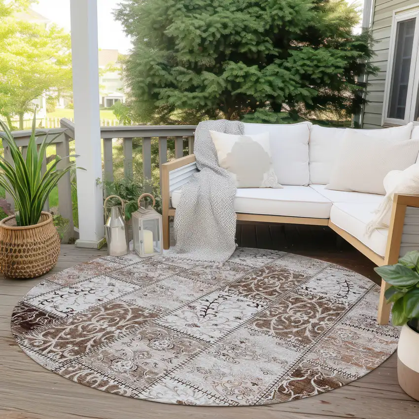 Taupe and Ivory Round Patchwork Washable Non Skid Indoor Outdoor Area Rug Photo 8