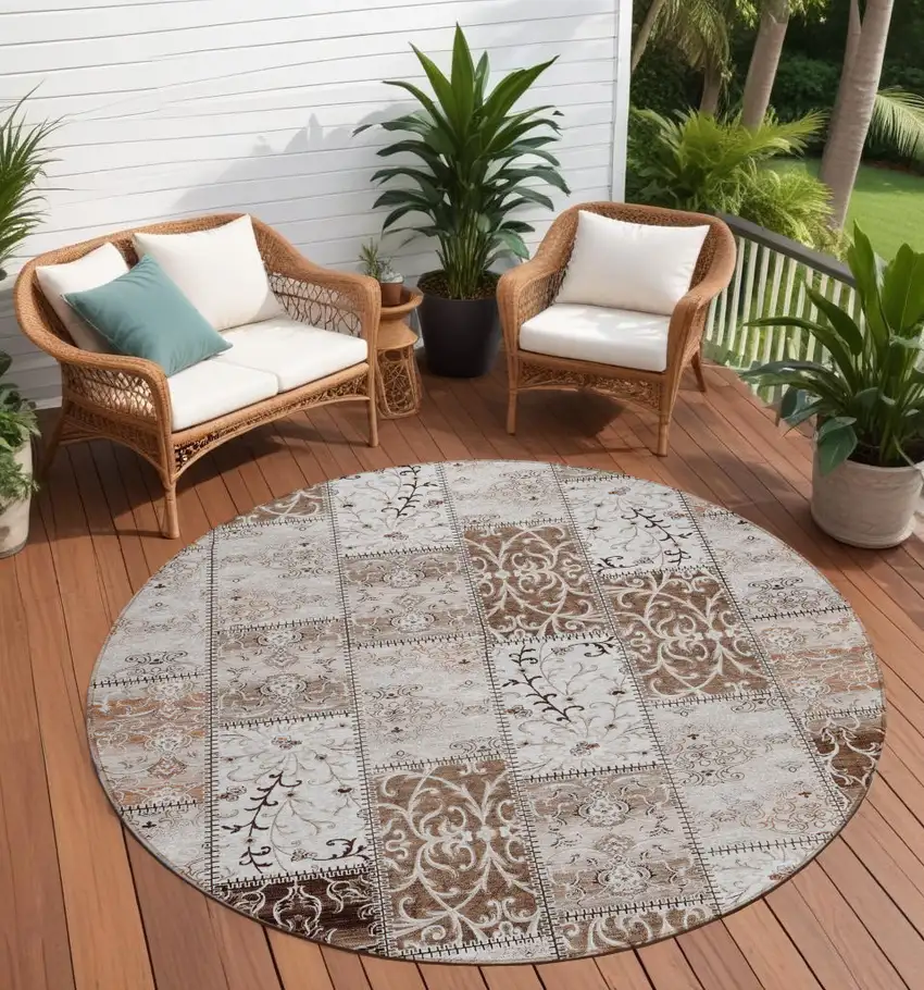 Taupe and Ivory Round Patchwork Washable Non Skid Indoor Outdoor Area Rug Photo 1