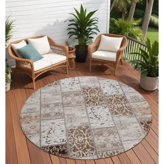 Taupe and Ivory Round Patchwork Washable Non Skid Indoor Outdoor Area Rug Photo 1