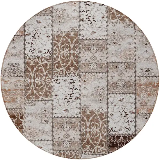 8' Round Taupe and Ivory Round Patchwork Washable Non Skid Indoor Outdoor Area Rug Photo 4