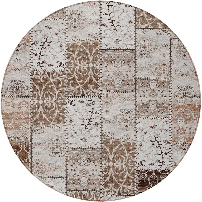 8' Round Taupe and Ivory Round Patchwork Washable Non Skid Indoor Outdoor Area Rug Photo 4