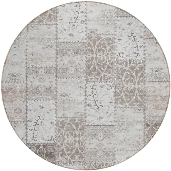 Taupe and Ivory Round Patchwork Washable Non Skid Indoor Outdoor Area Rug Photo 2
