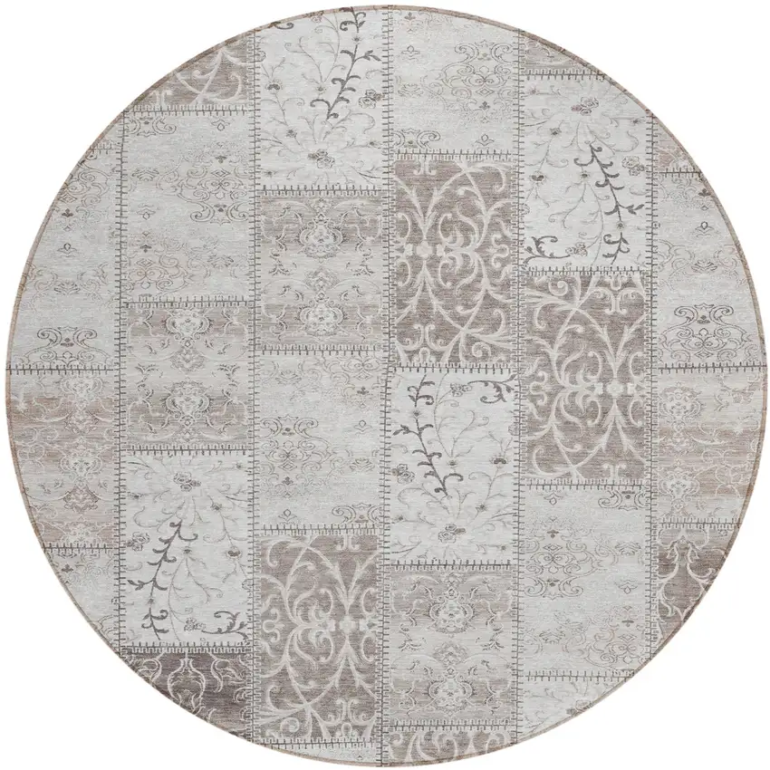 Taupe and Ivory Round Patchwork Washable Non Skid Indoor Outdoor Area Rug Photo 2