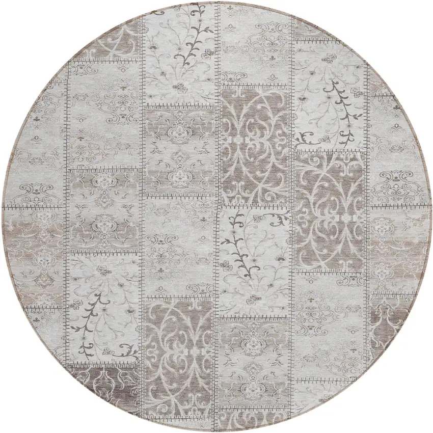 Taupe and Ivory Round Patchwork Washable Non Skid Indoor Outdoor Area Rug Photo 2